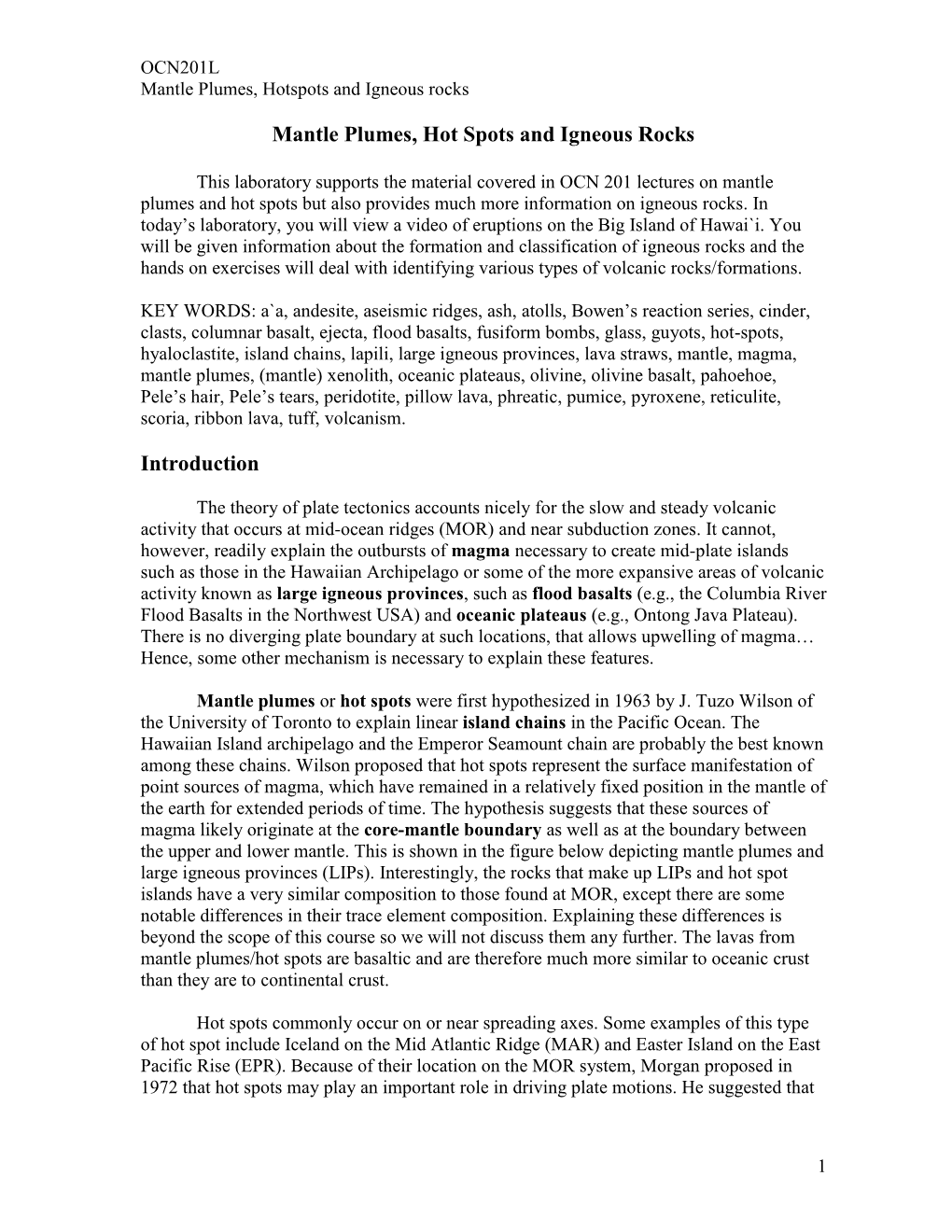 OCN201L Mantle Plumes, Hotspots and Igneous Rocks 1
