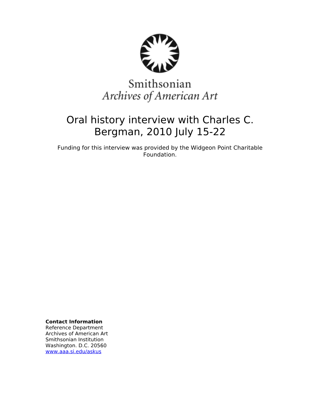 Oral History Interview with Charles C. Bergman, 2010 July 15-22