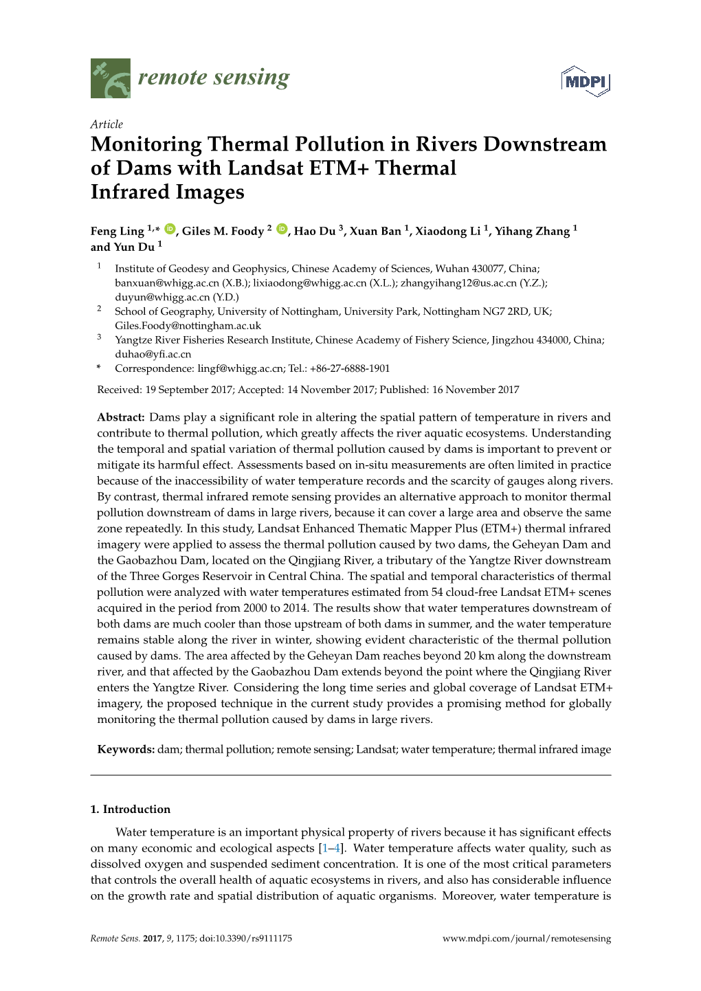 Monitoring Thermal Pollution in Rivers Downstream of Dams with Landsat ETM+ Thermal Infrared Images