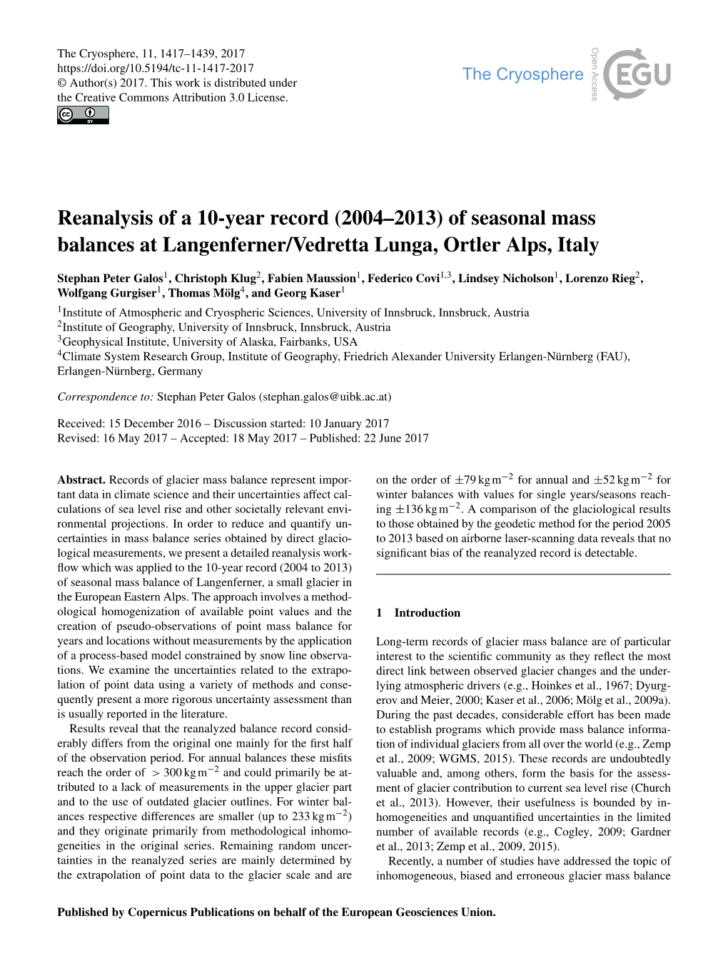 Reanalysis of a 10-Year Record (2004–2013) of Seasonal Mass Balances at Langenferner/Vedretta Lunga, Ortler Alps, Italy