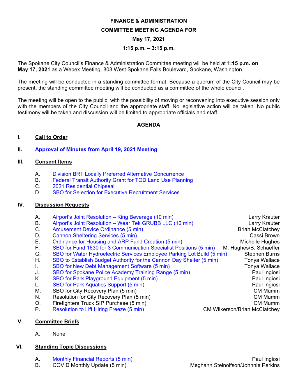 Finance and Administration Committee Agenda May 17, 2021