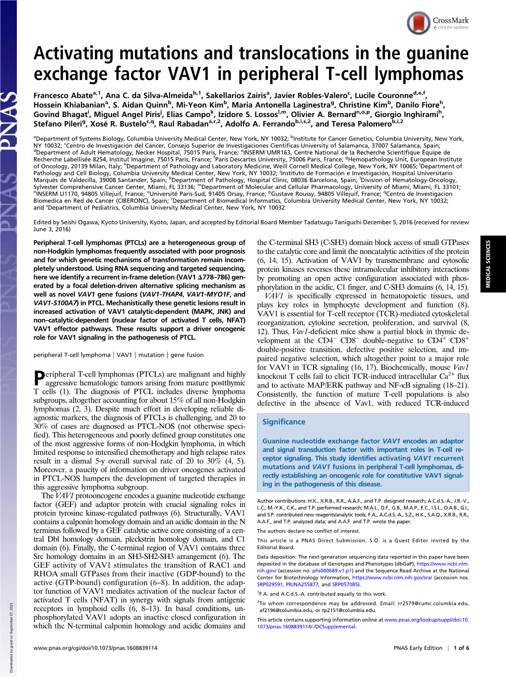 Activating Mutations and Translocations in the Guanine Exchange Factor VAV1 in Peripheral T-Cell Lymphomas