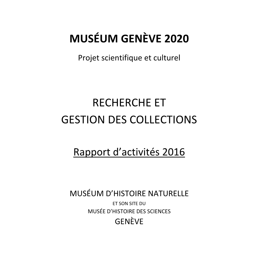 MUSÉUM GENÈVE 2020 Projet Scientifique Et Culturel