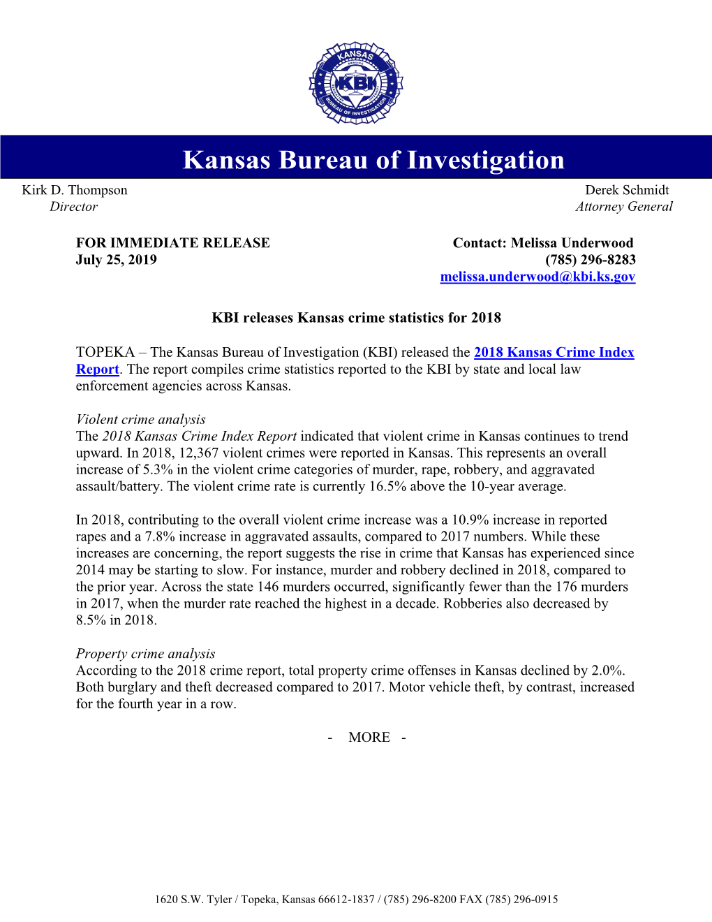 (KBI) Released the 2018 Kansas Crime Index Report