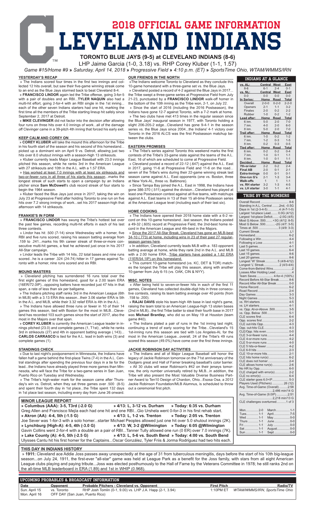 LEVELAND INDIANS TORONTO BLUE JAYS (9-5) at CLEVELAND INDIANS (8-6) LHP Jaime Garcia (1-0, 3.18) Vs