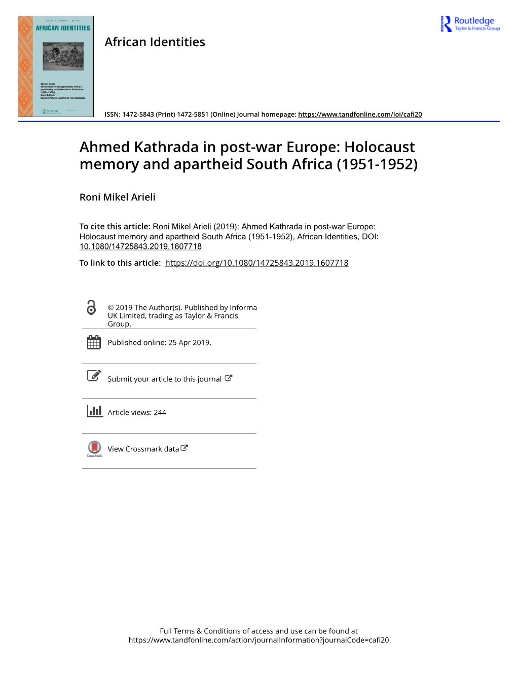 Holocaust Memory and Apartheid South Africa (1951-1952)