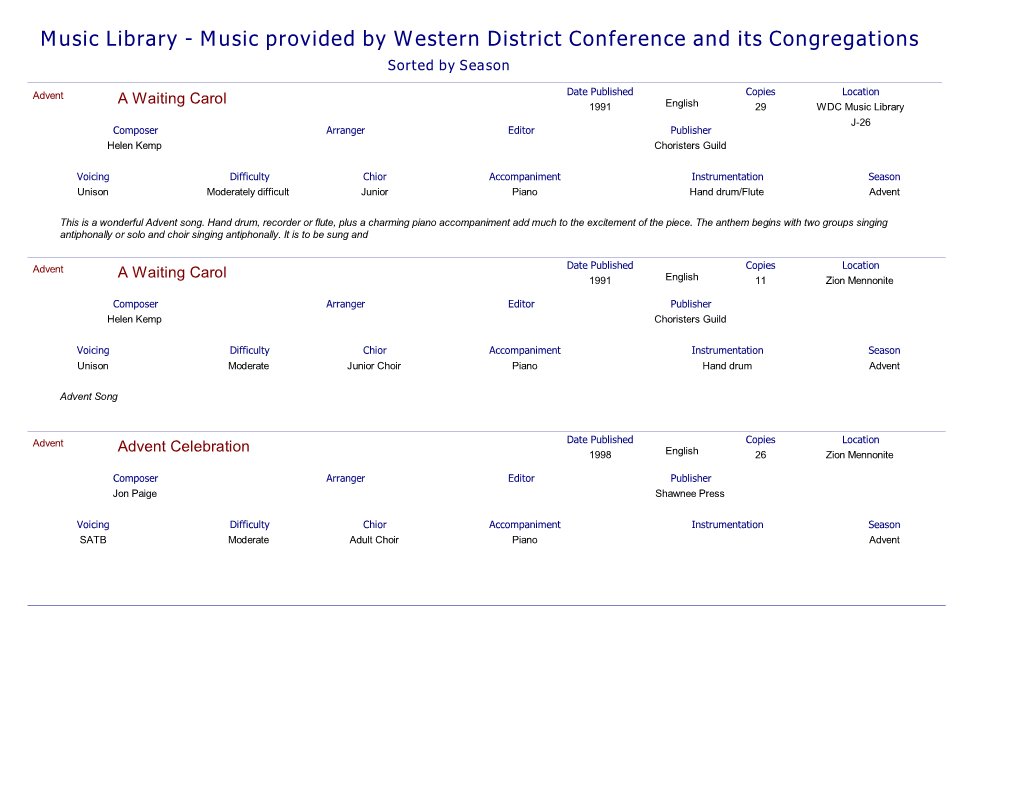 Music Provided by Western District Conference and Its Congregations Sorted by Season