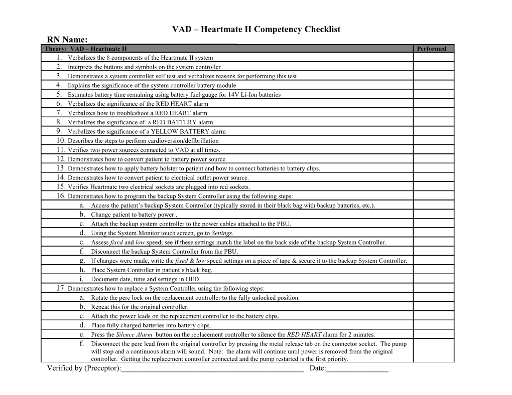 VAD Heartmate II Competency Checklist