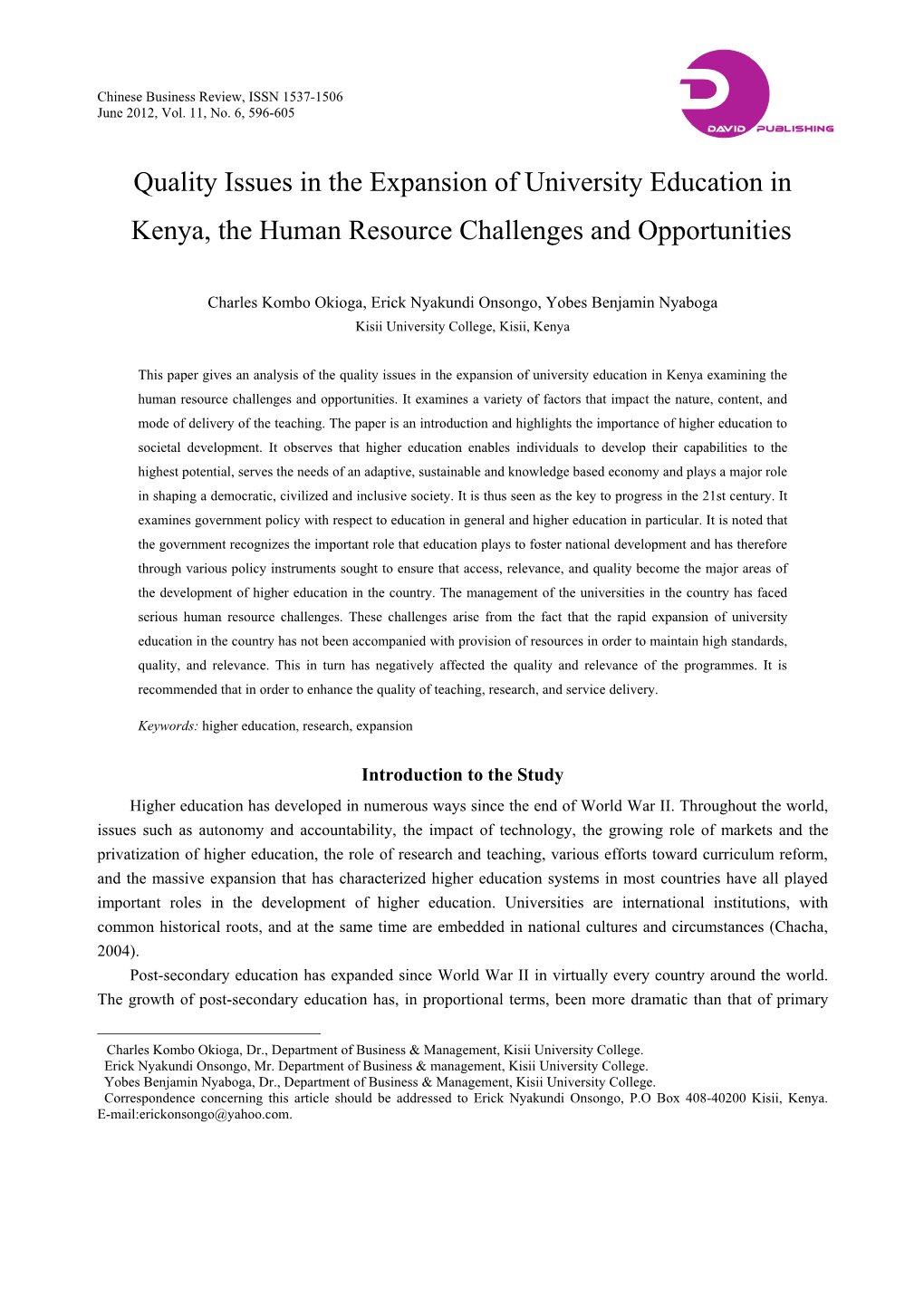 Quality Issues in the Expansion of University Education in Kenya, the Human Resource Challenges and Opportunities