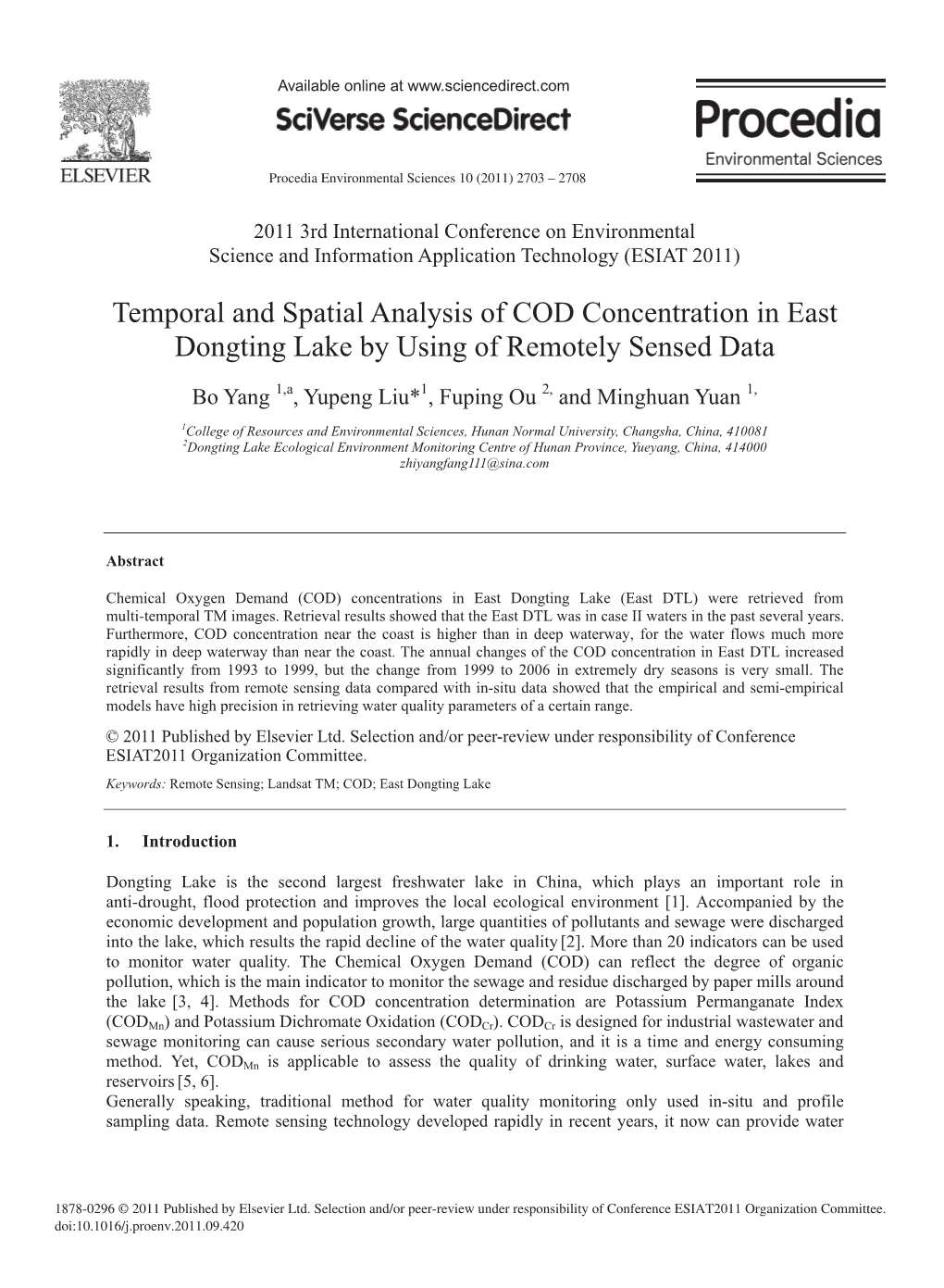 Temporal and Spatial Analysis of COD Concentration in East Dongting Lake by Using of Remotely Sensed Data