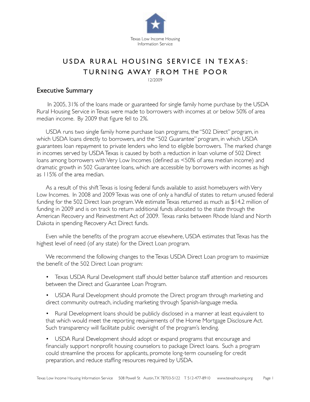 USDA RURAL HOUSING SERVICE in TEXAS: TURNING AWAY from the POOR 12/2009 Executive Summary