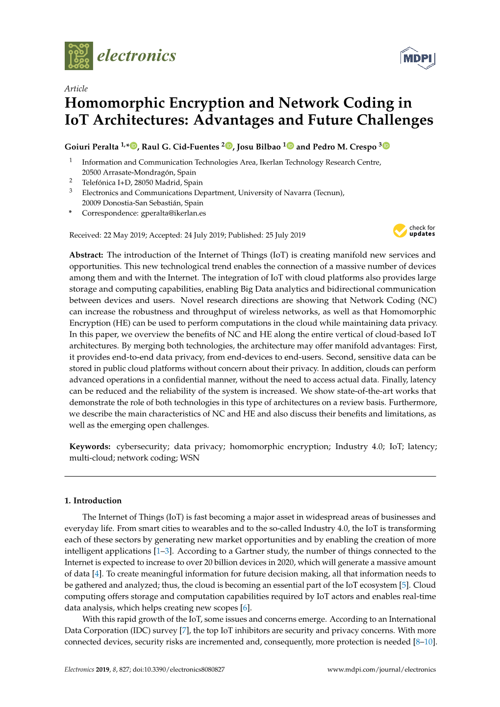 Homomorphic Encryption and Network Coding in Iot Architectures: Advantages and Future Challenges