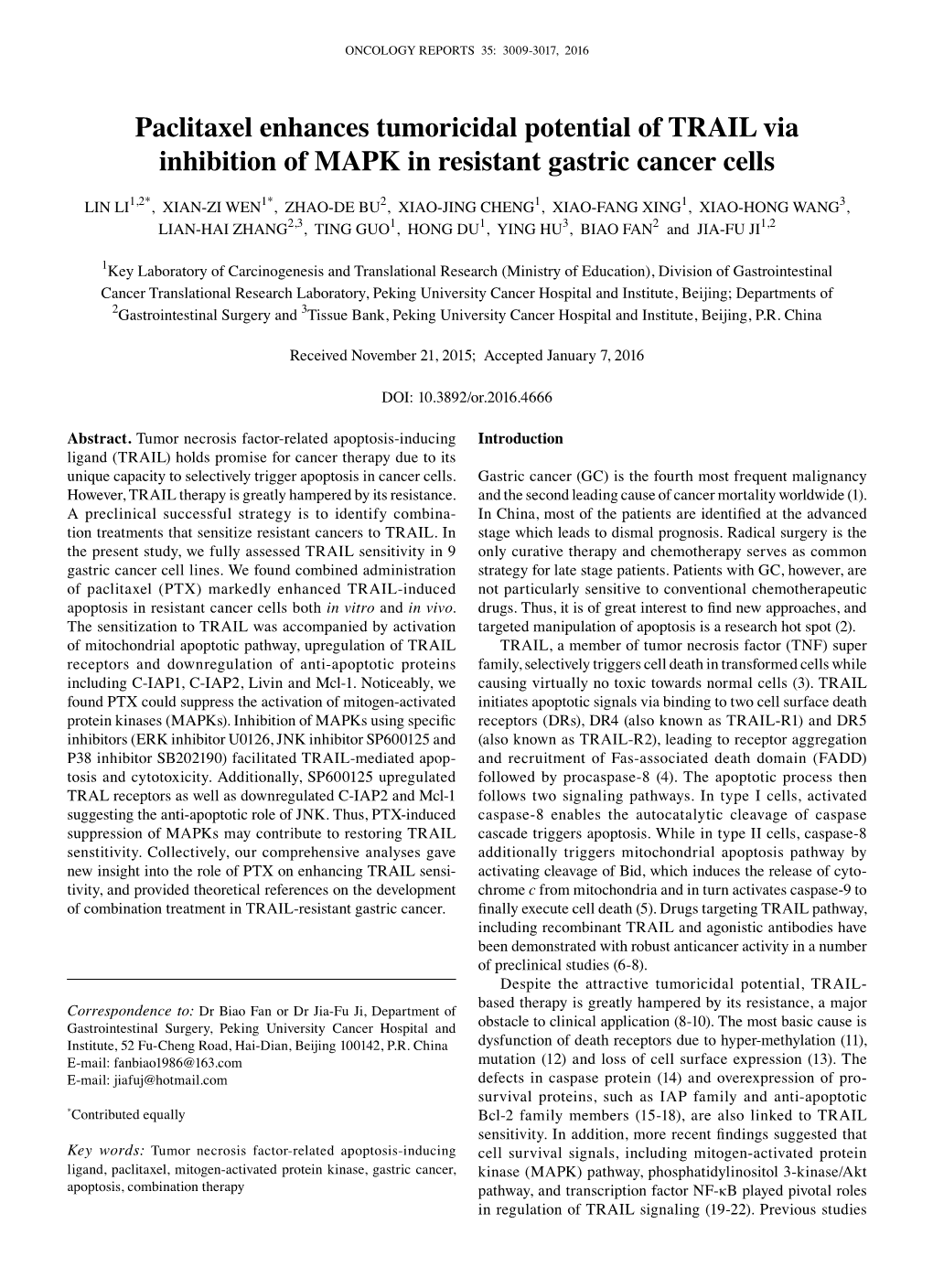 Paclitaxel Enhances Tumoricidal Potential of TRAIL Via Inhibition of MAPK in Resistant Gastric Cancer Cells