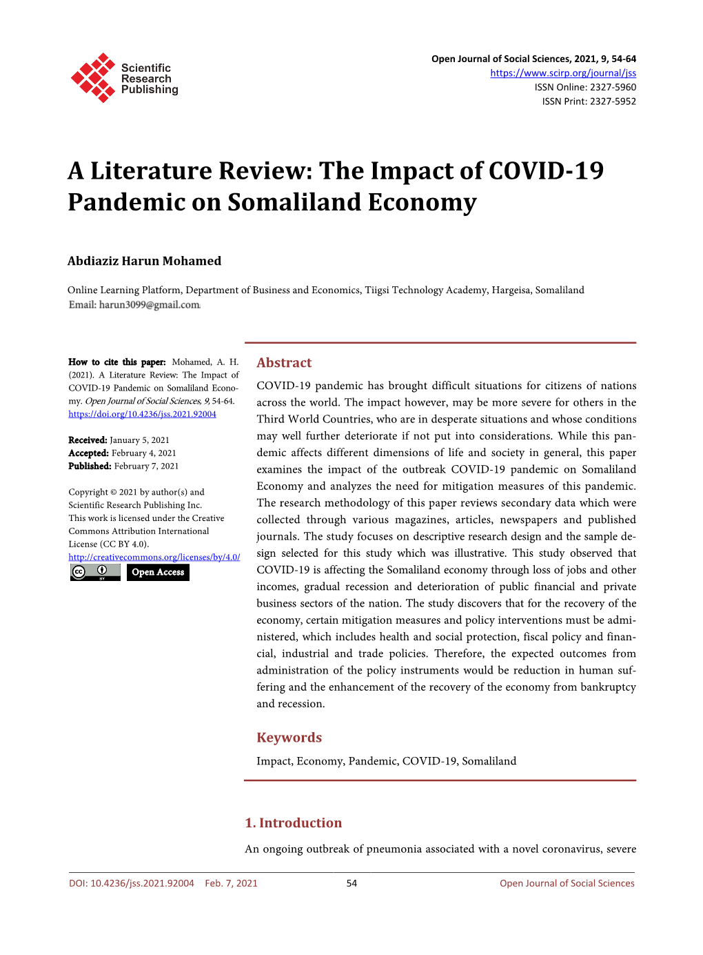 The Impact of COVID-19 Pandemic on Somaliland Economy