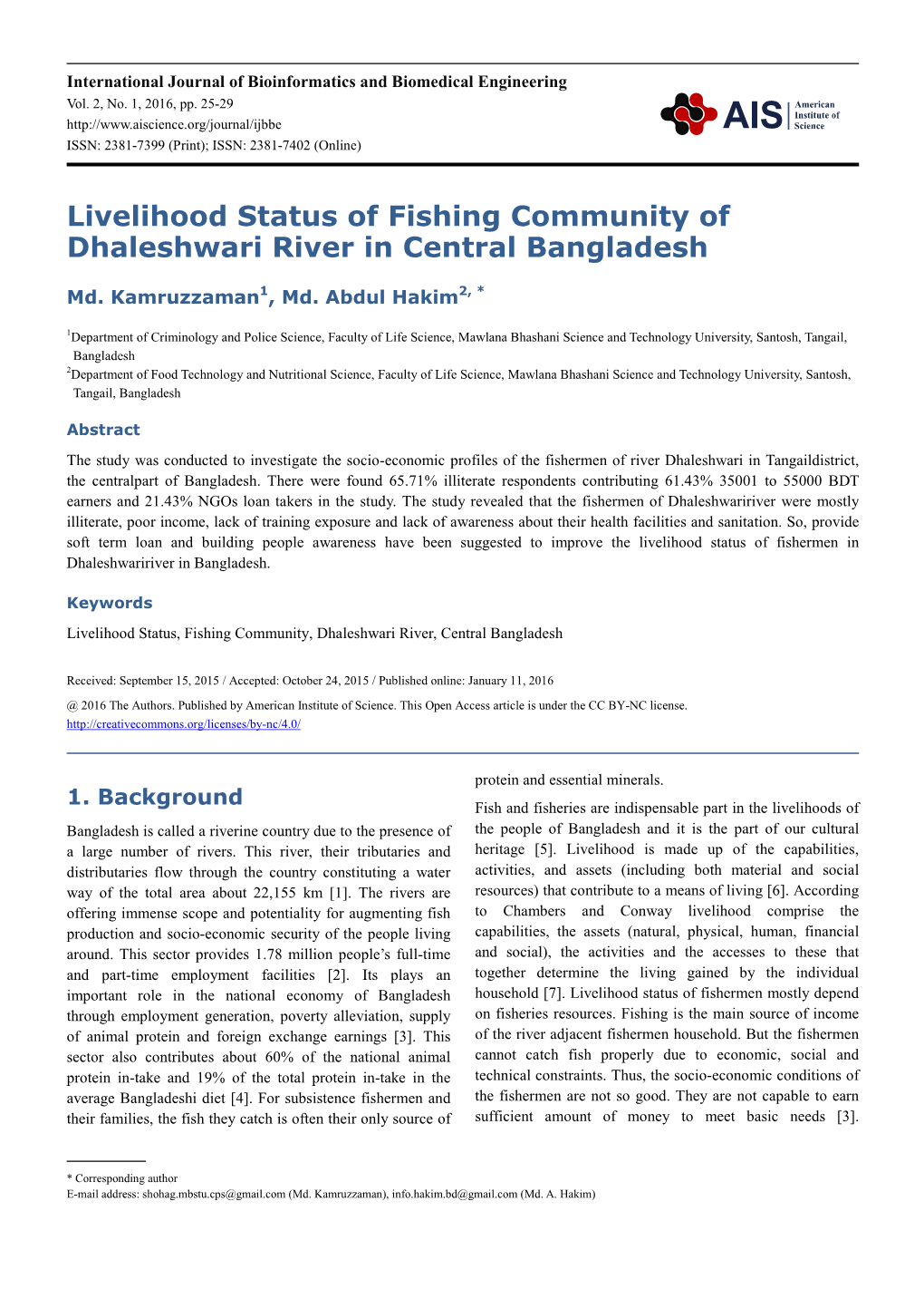 Livelihood Status of Fishing Community of Dhaleshwari River in Central Bangladesh