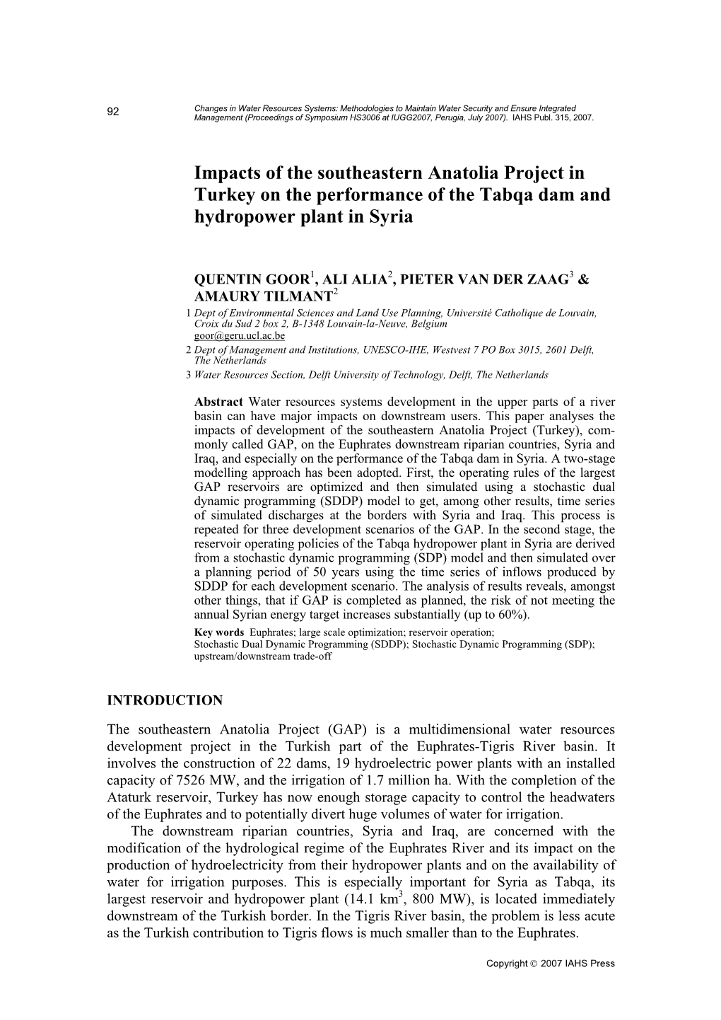 Impacts of the Southeastern Anatolia Project in Turkey on the Performance of the Tabqa Dam and Hydropower Plant in Syria