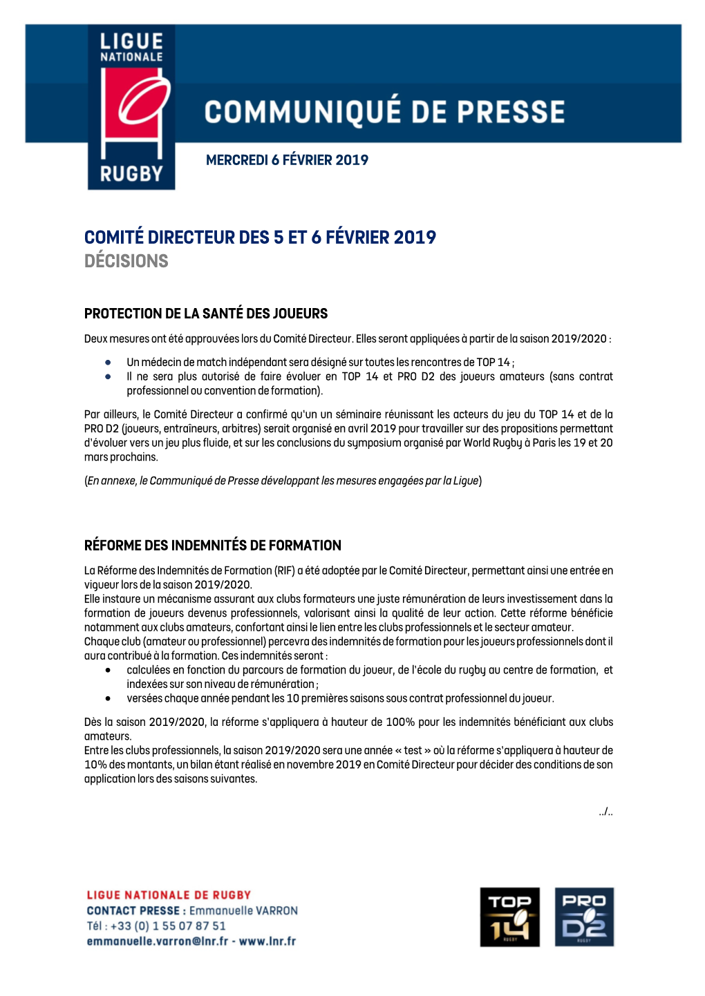 Comité Directeur Des 5 Et 6 Février 2019 Décisions