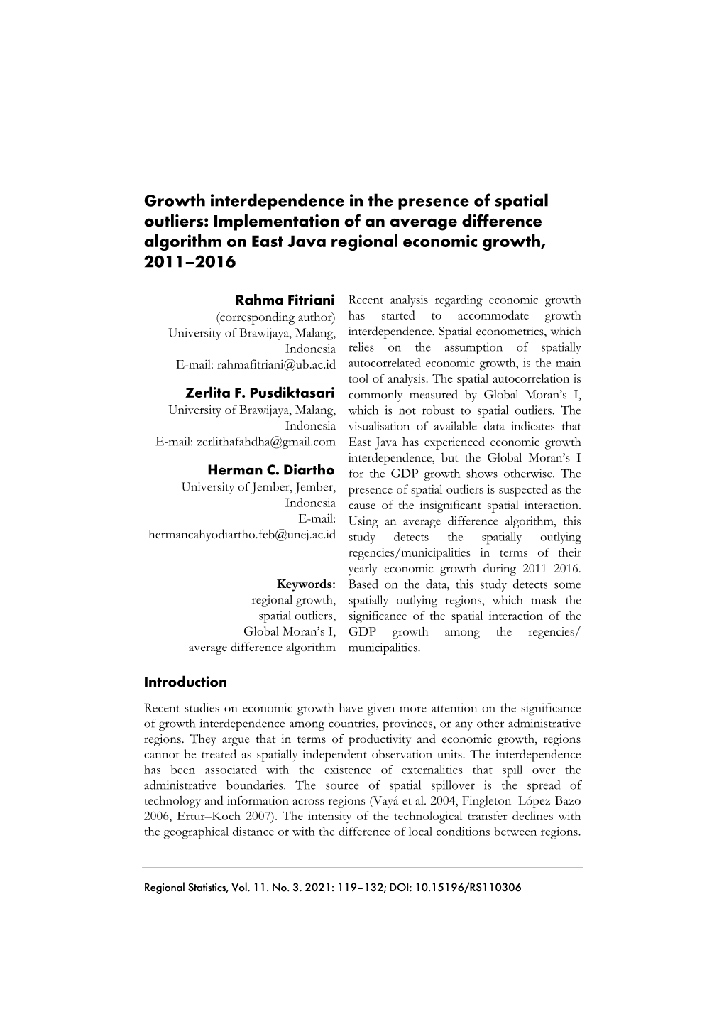 Growth Interdependence in the Presence of Spatial Outliers: Implementation of an Average Difference Algorithm on East Java Regional Economic Growth, 2011–2016