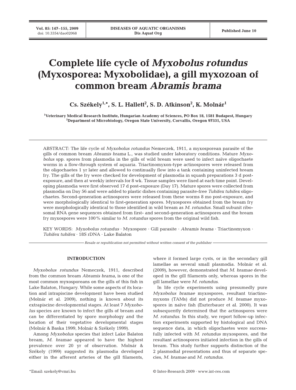 Disease of Aquatic Organisms 85:147