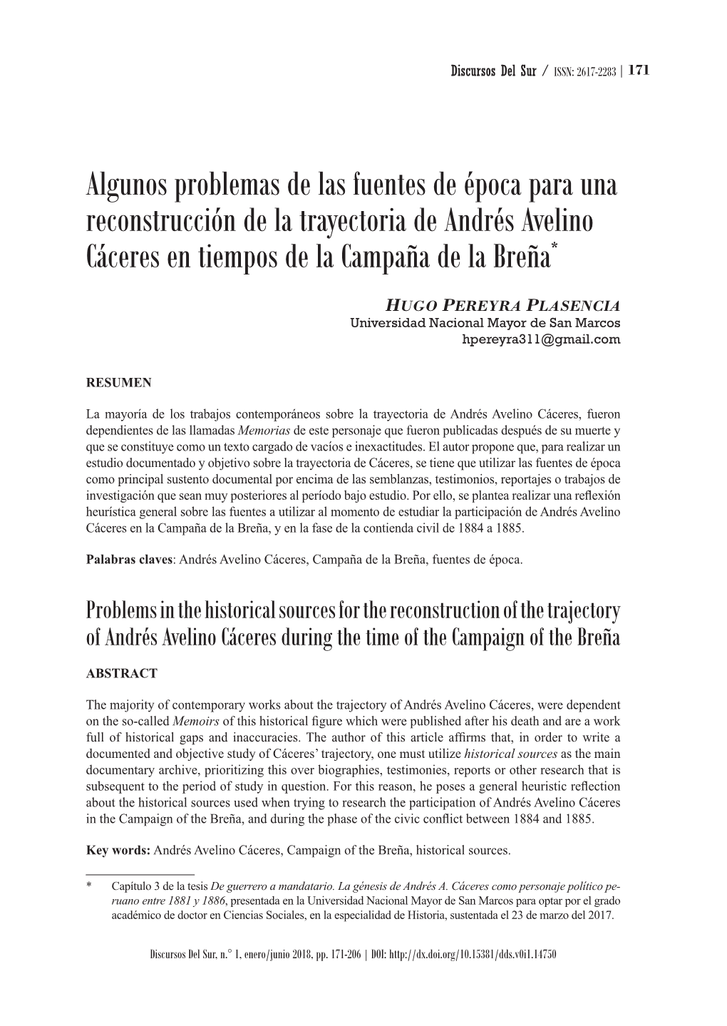 Algunos Problemas De Las Fuentes De Época Para Una Reconstrucción De La Trayectoria De Andrés Avelino Cáceres En Tiempos De La Campaña De La Breña*