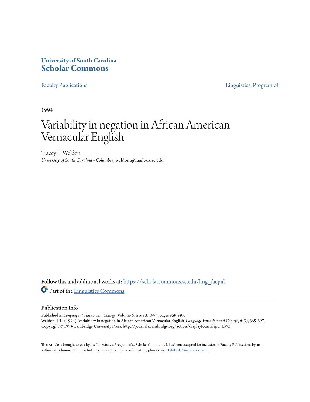 Variability in Negation in African American Vernacular English Tracey L