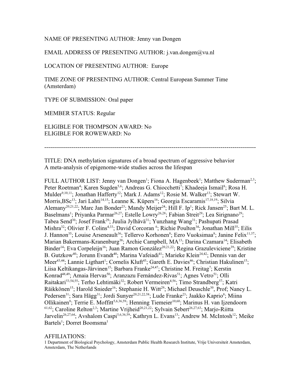 DNA Methylation Signatures of a Broad Spectrum of Aggressive Behavior a Meta-Analysis of Epigenome-Wide Studies Across the Lifespan