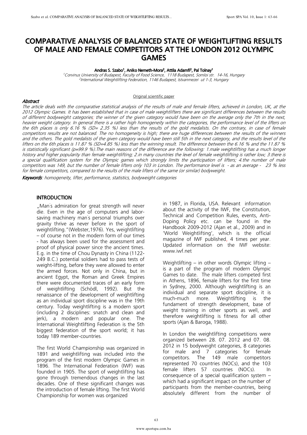 Comparative Analysis of Balanced State of Weightlifting Results