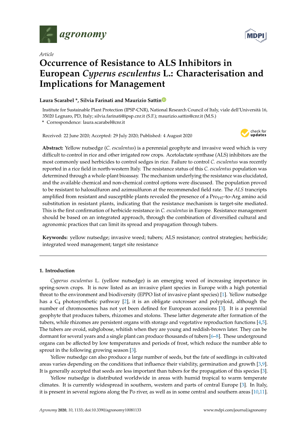 Occurrence of Resistance to ALS Inhibitors in European Cyperus Esculentus L.: Characterisation and Implications for Management