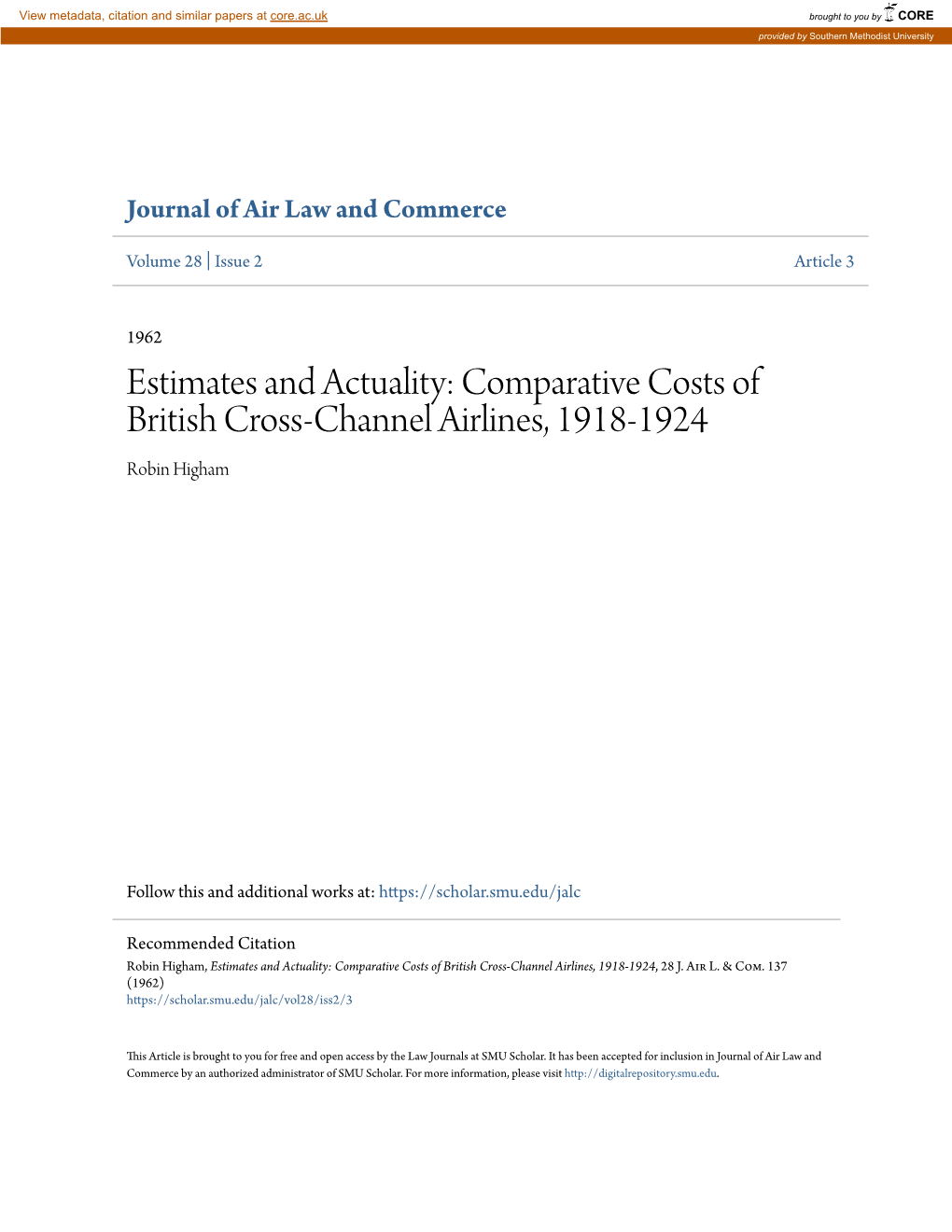 Comparative Costs of British Cross-Channel Airlines, 1918-1924 Robin Higham
