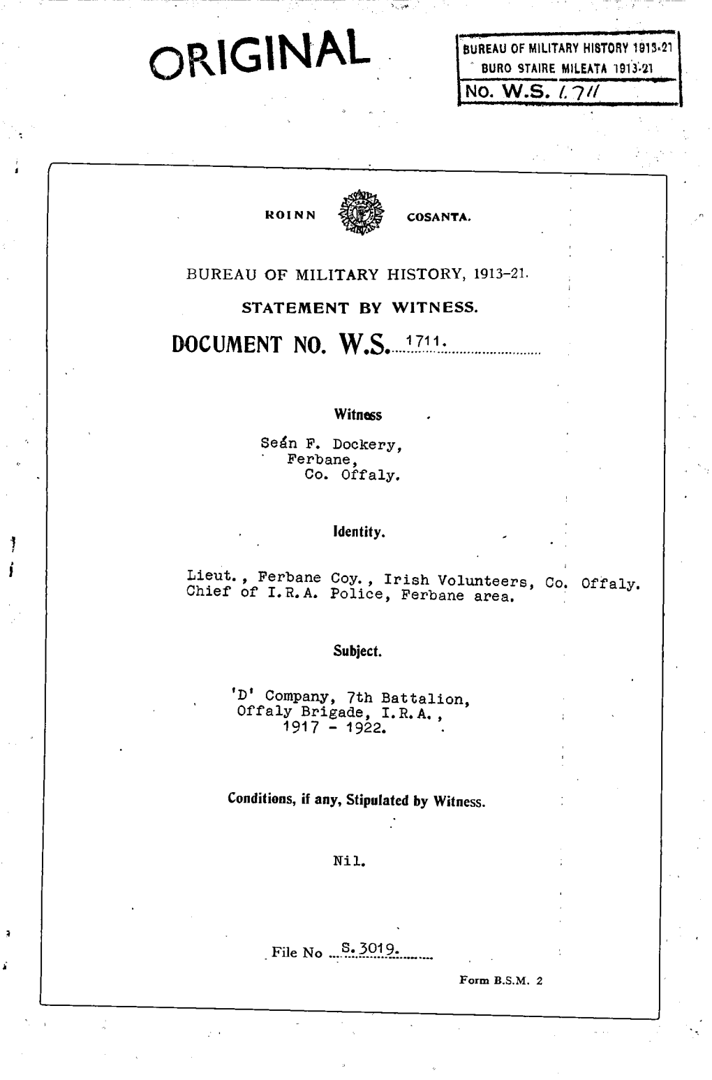 ROINN COSANTA. BUREAU of MILITARY HISTORY, 1913-21. STATEMENT by WITNESS. DOCUMENT NO. W.S. 1711 Witness Seán F. Dockery, Ferba