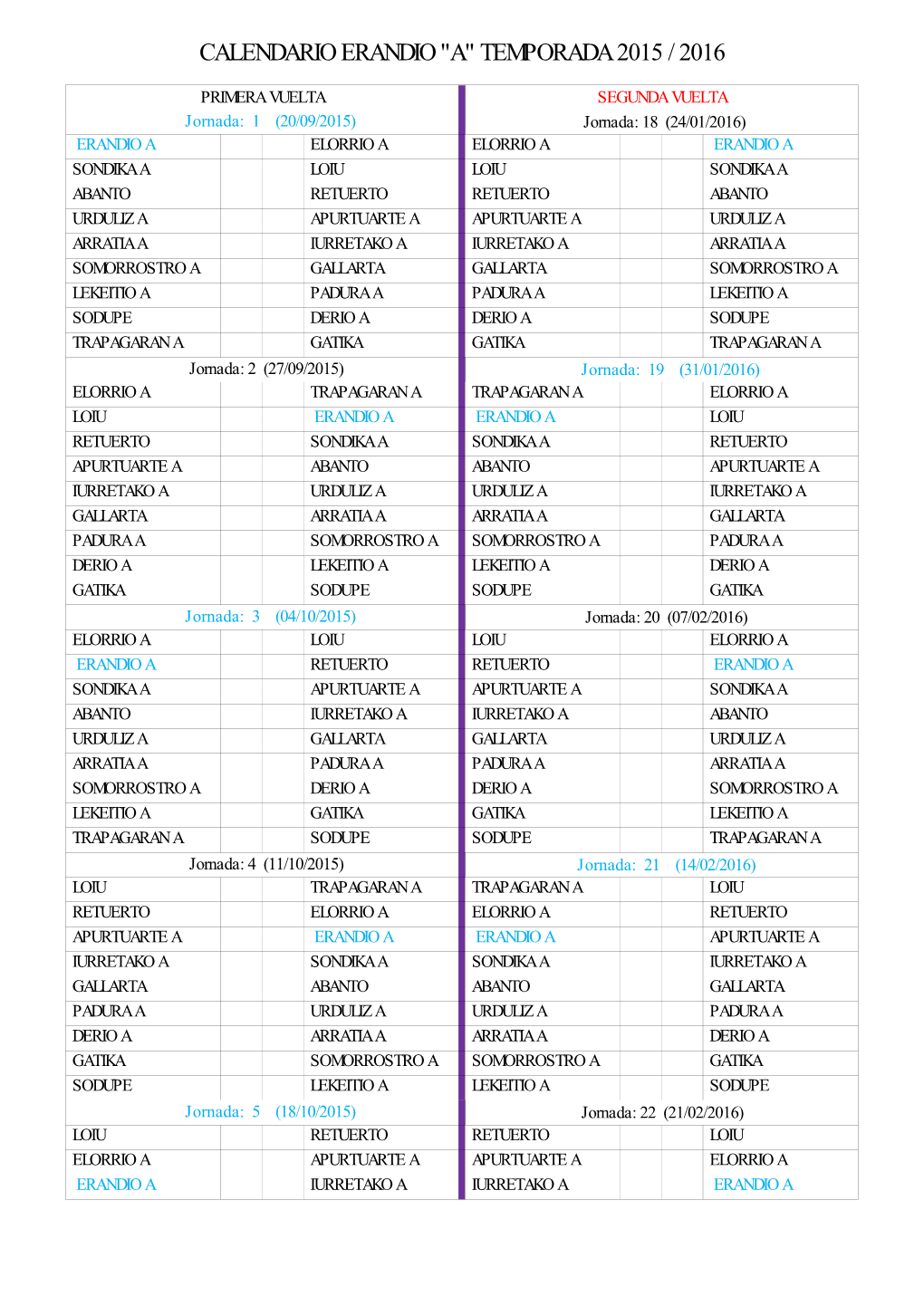 Calendario Erandio "A" Temporada 2015 / 2016