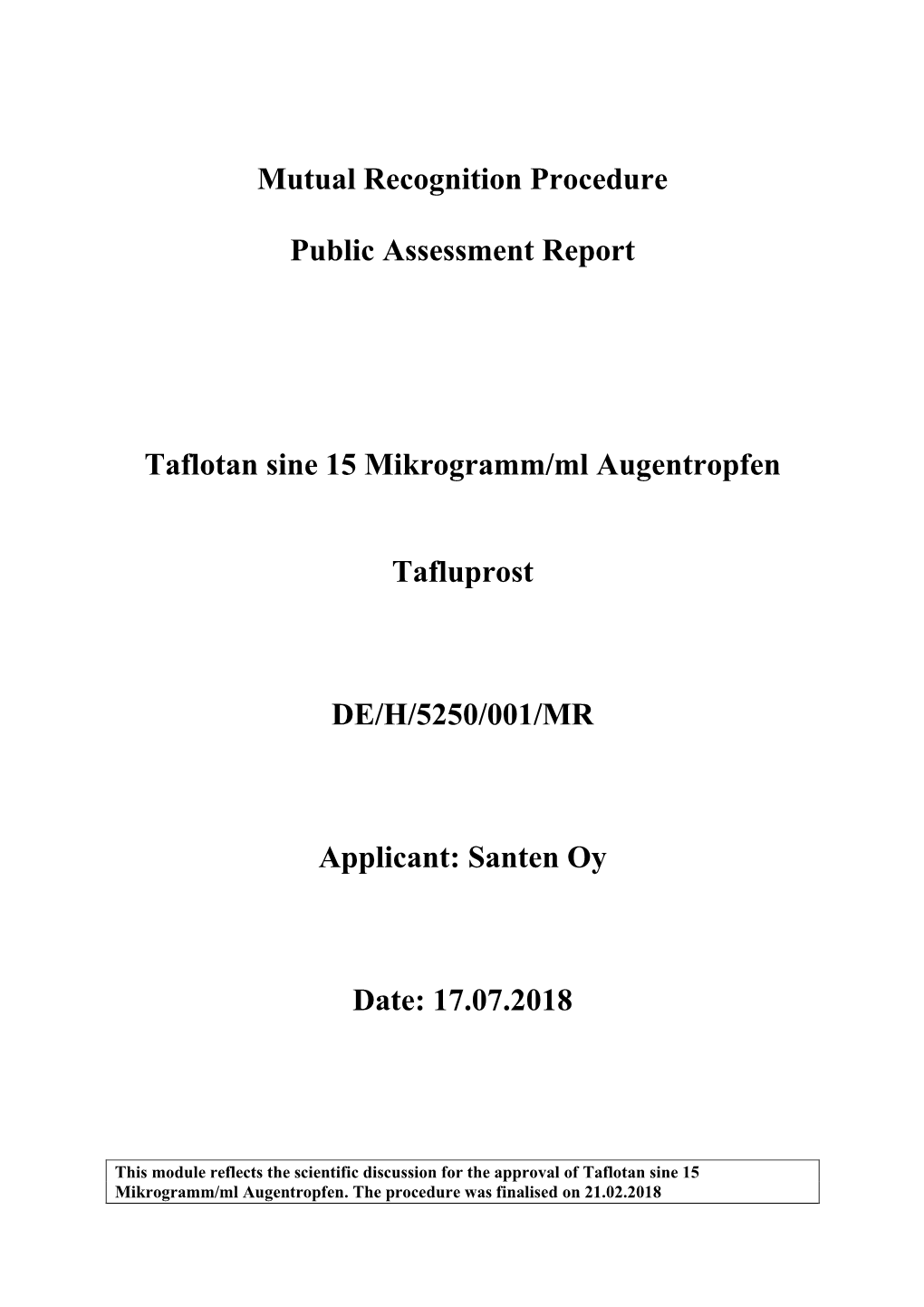 Mutual Recognition Procedure Public Assessment Report Taflotan Sine