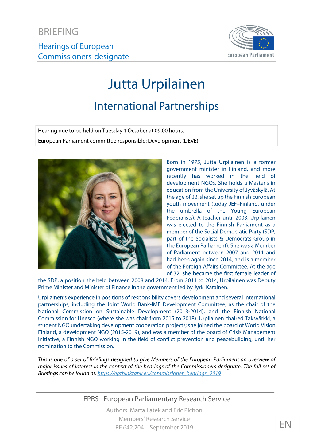 Jutta Urpilainen International Partnerships