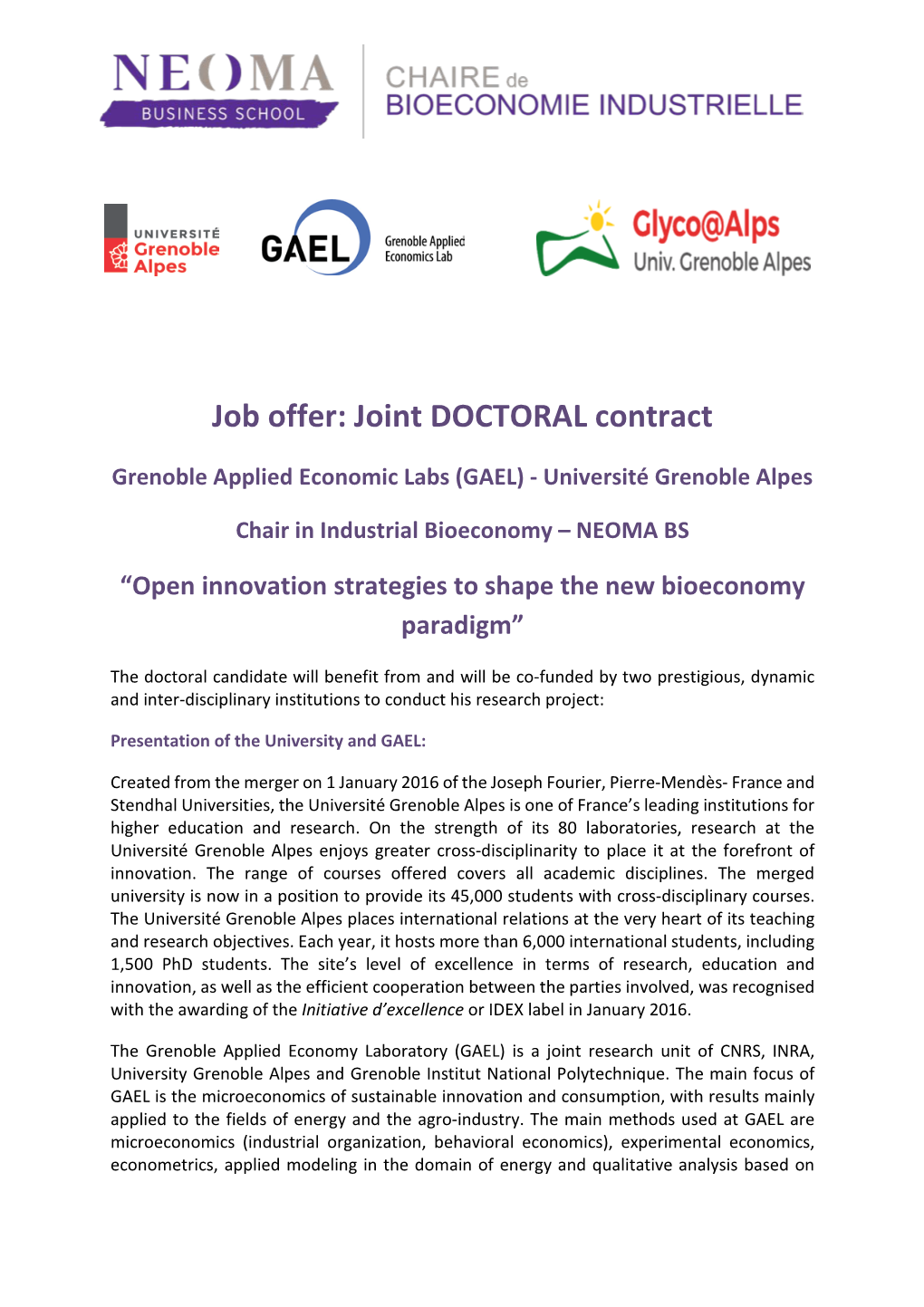 Job Offer: Joint DOCTORAL Contract