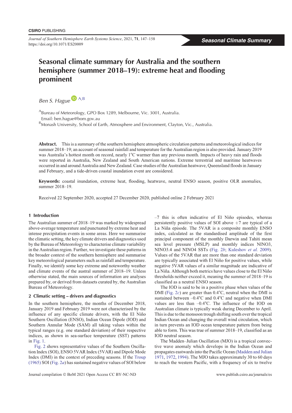 Seasonal Climate Summary for Australia and the Southern Hemisphere (Summer 2018–19): Extreme Heat and Flooding Prominent