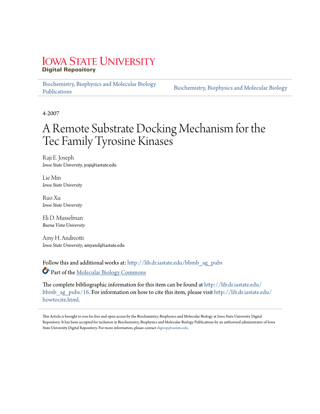 A Remote Substrate Docking Mechanism for the Tec Family Tyrosine Kinases Raji E