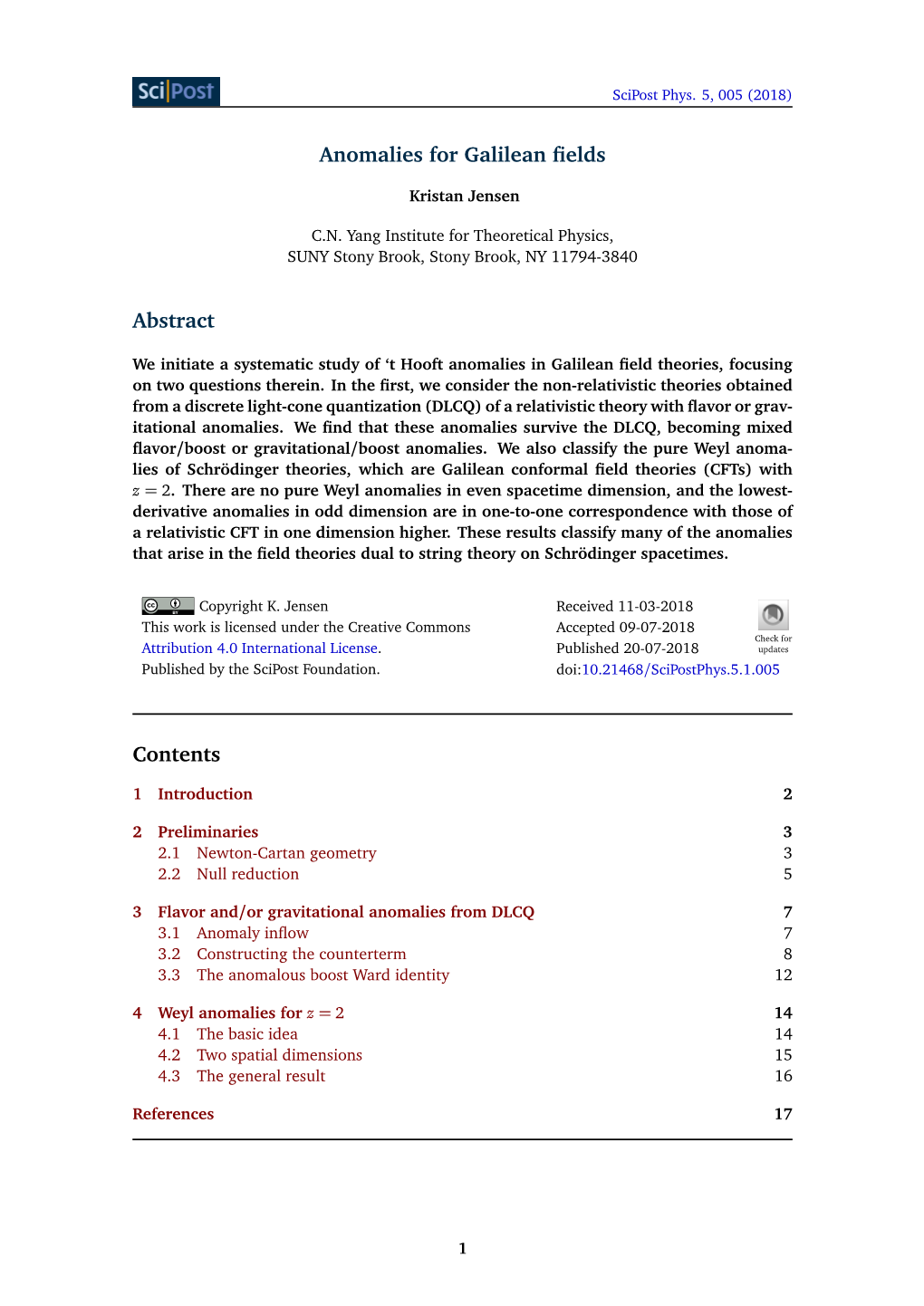 Anomalies for Galilean Fields Abstract Contents