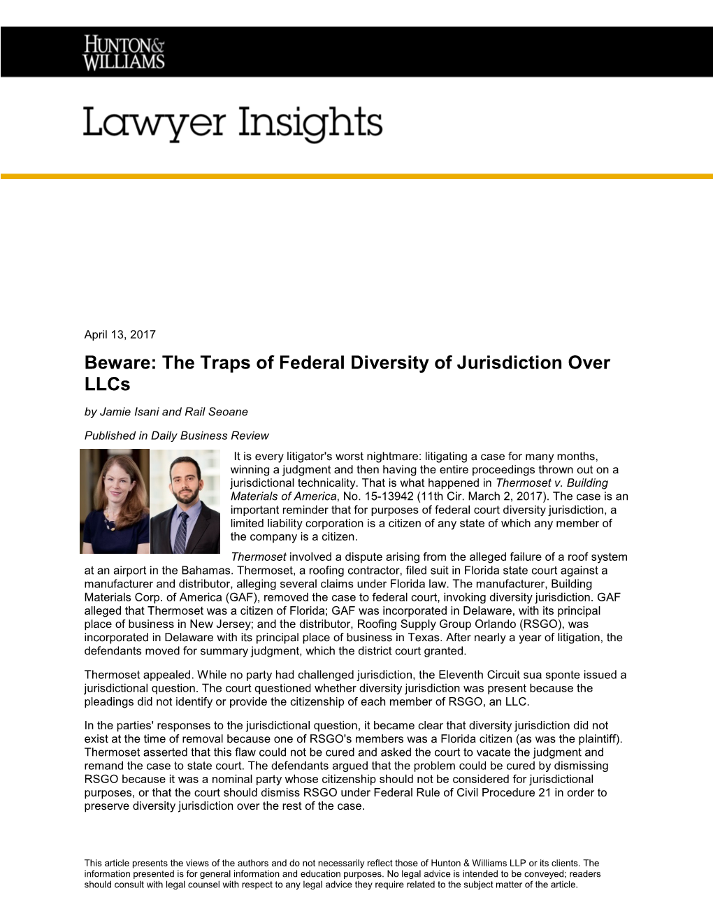 Beware: the Traps of Federal Diversity of Jurisdiction Over Llcs by Jamie Isani and Rail Seoane