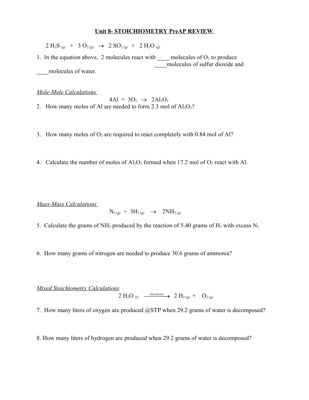 Unit 8- STOICHIOMETRY Preap REVIEW