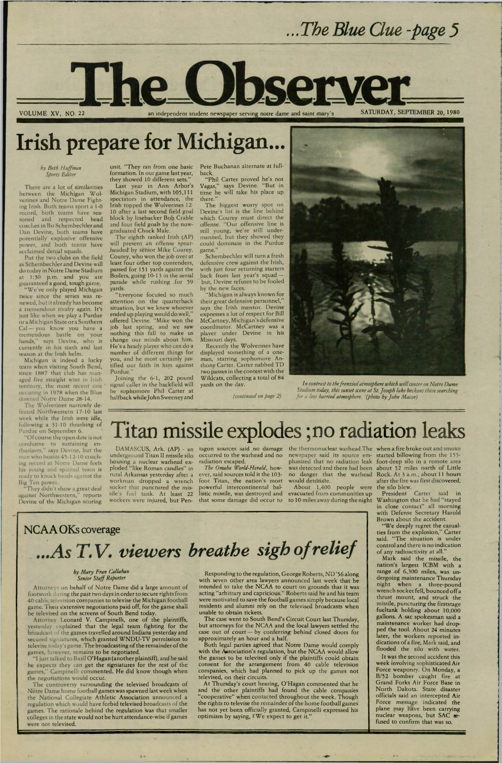 Irish Prepare for Michigan... Titan Missile Explodes ;No Radiation Leaks