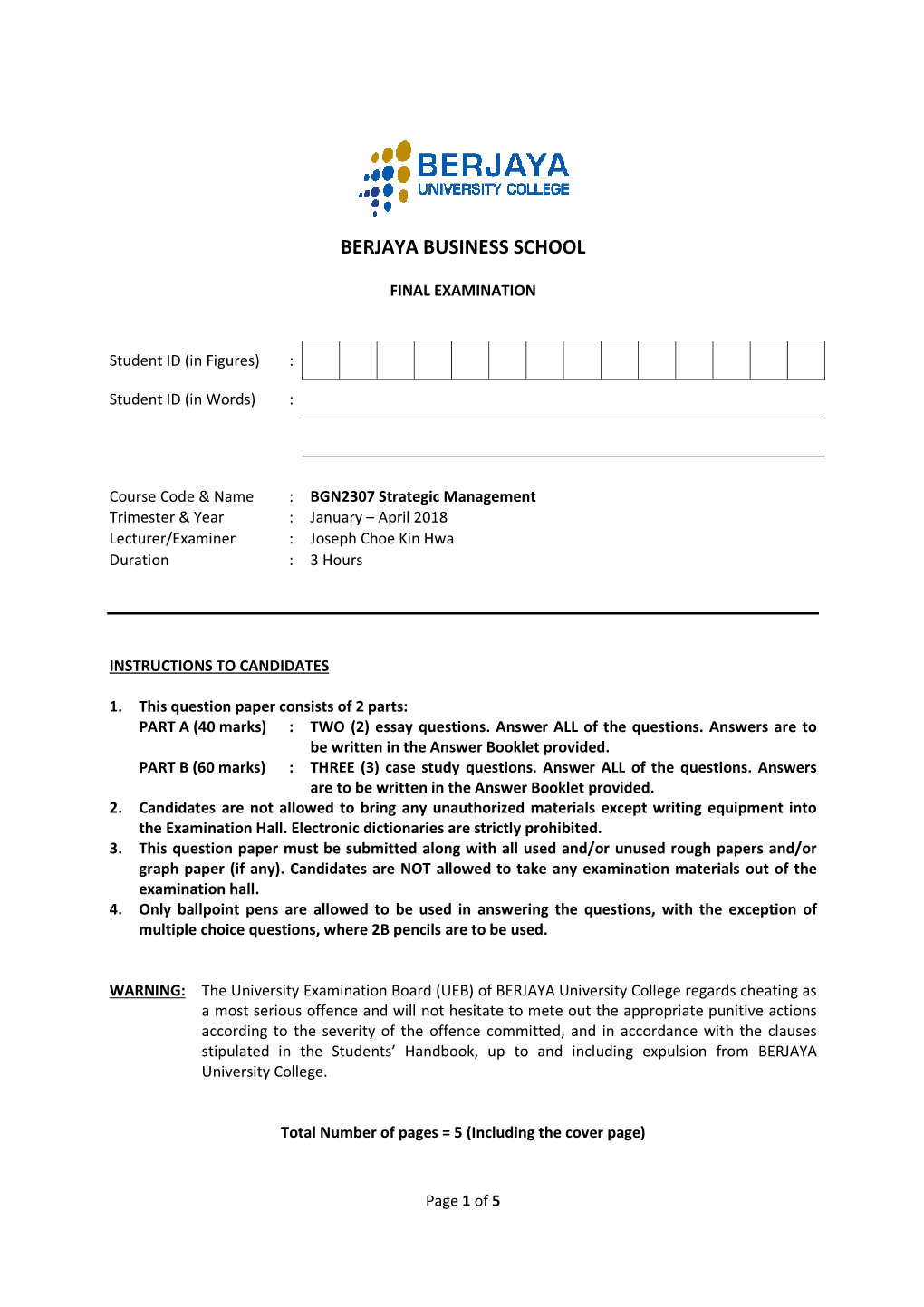 BGN2307 Strategic Mgmt FE Jan18