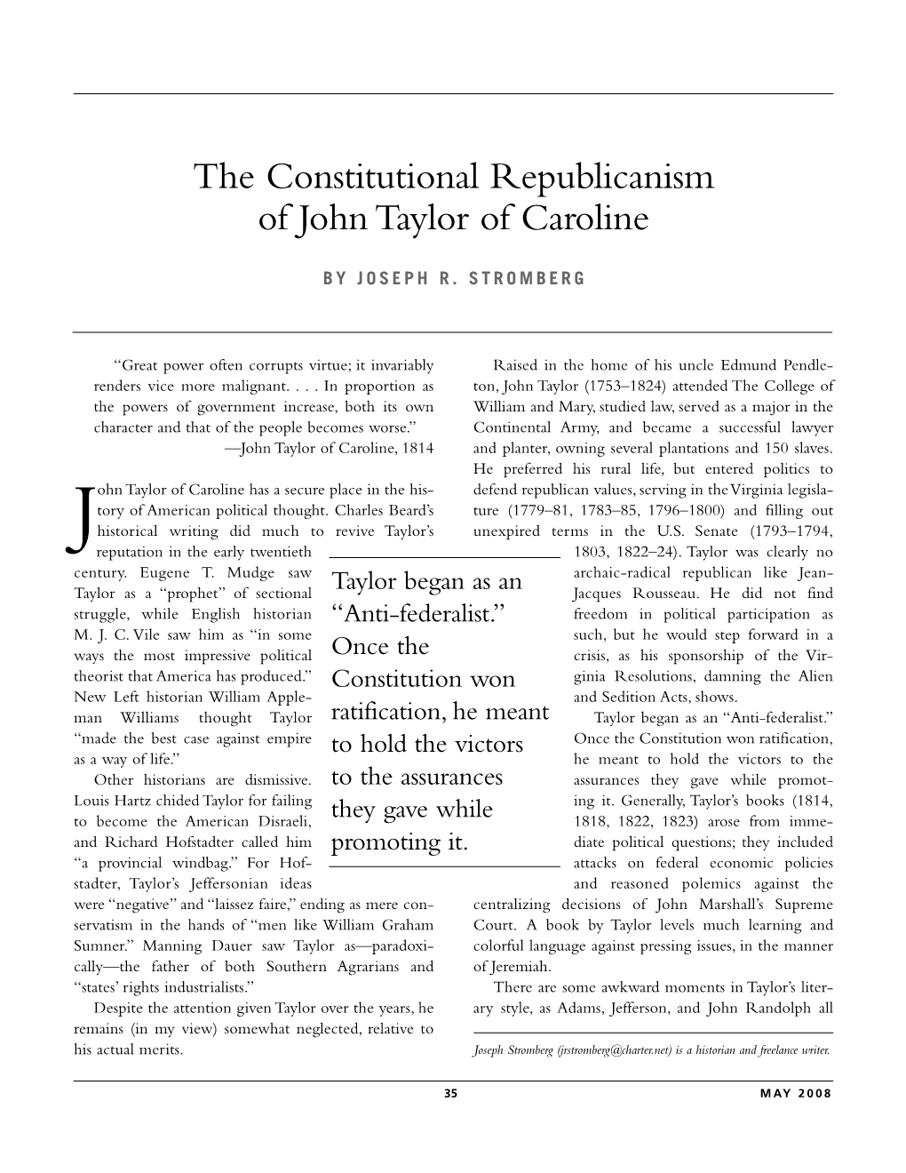 The Constitutional Republicanism of John Taylor of Caroline