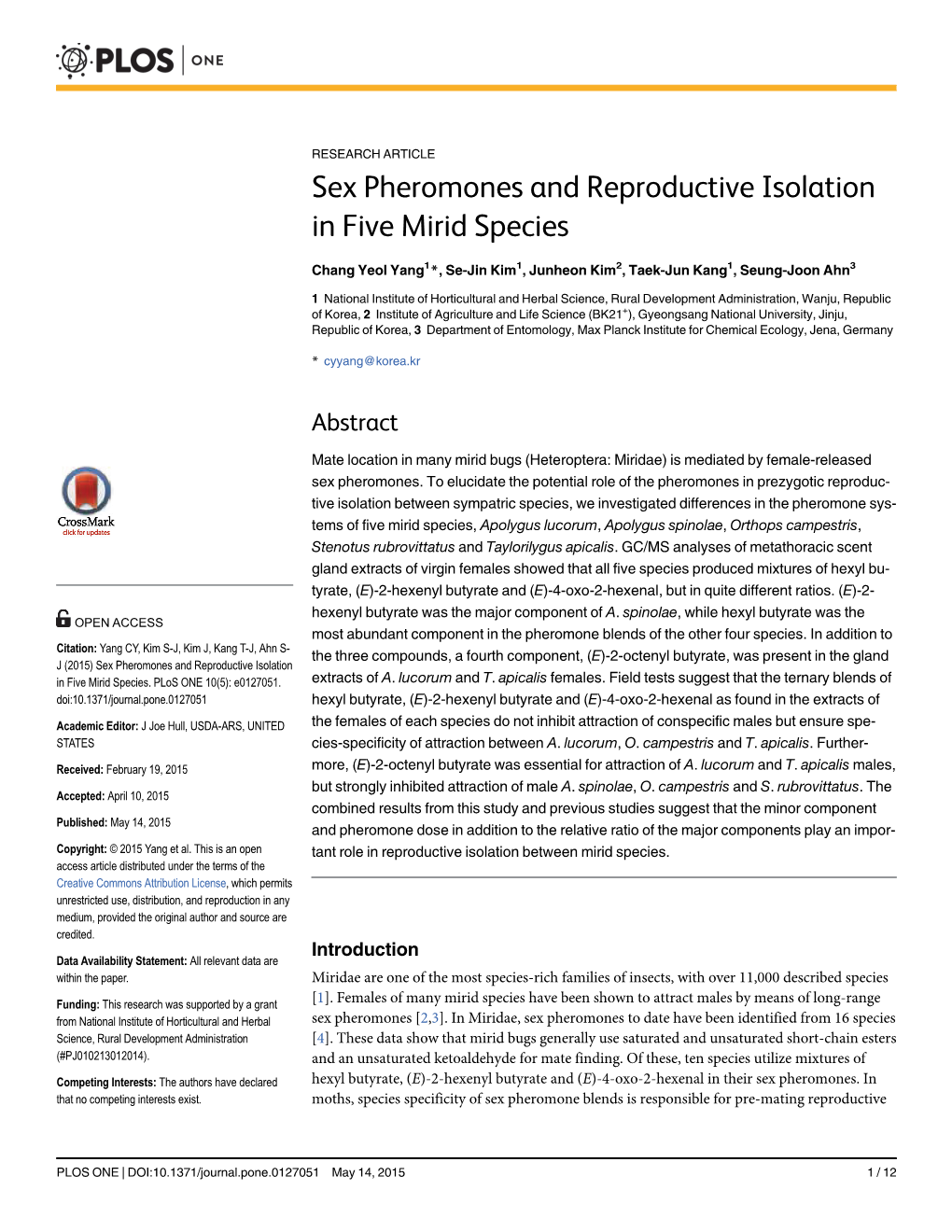Sex Pheromones and Reproductive Isolation in Five Mirid Species