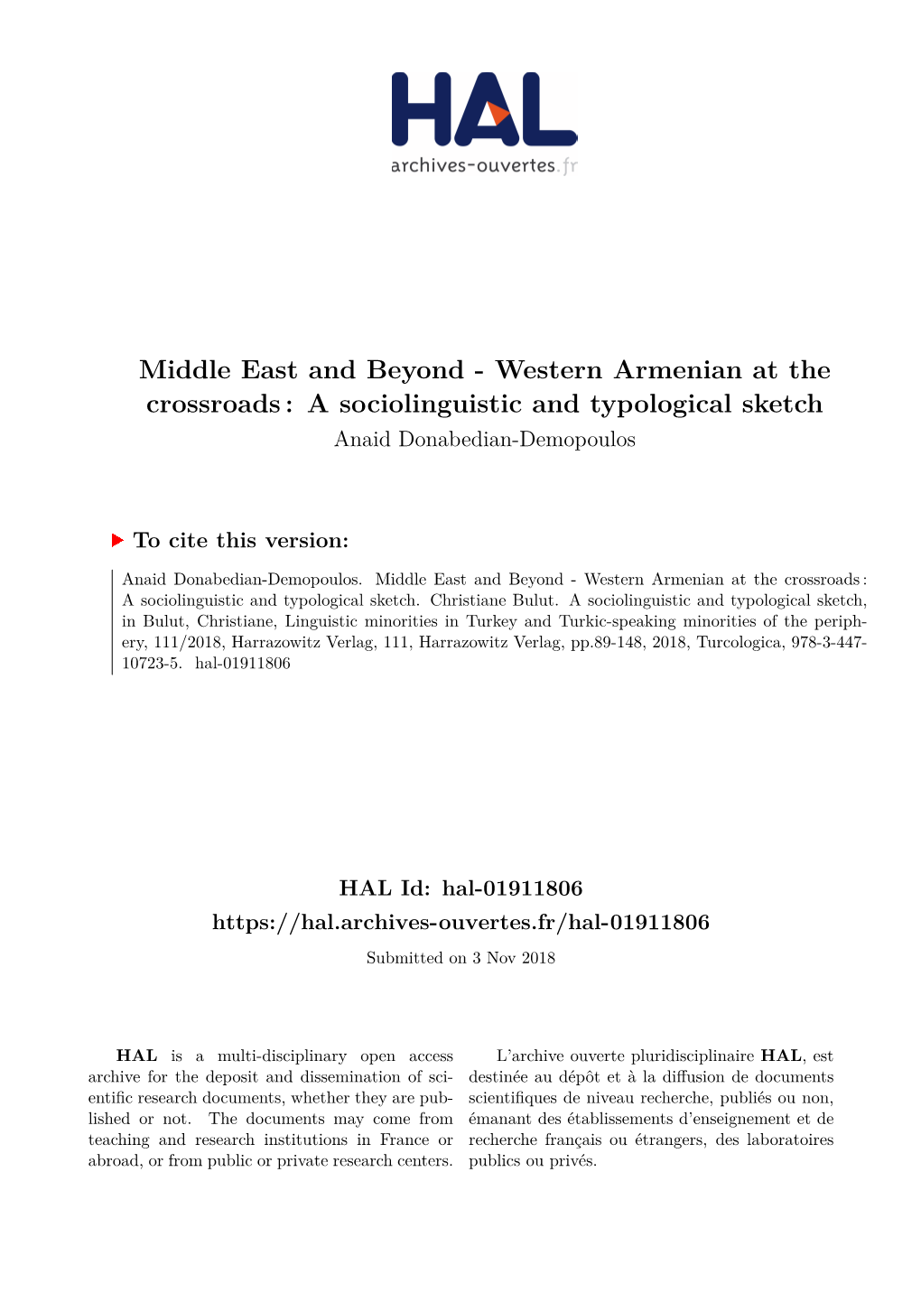 Western Armenian at the Crossroads : a Sociolinguistic and Typological Sketch Anaid Donabedian-Demopoulos