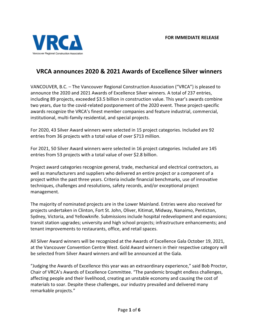 VRCA Announces 2020 & 2021 Awards of Excellence Silver Winners