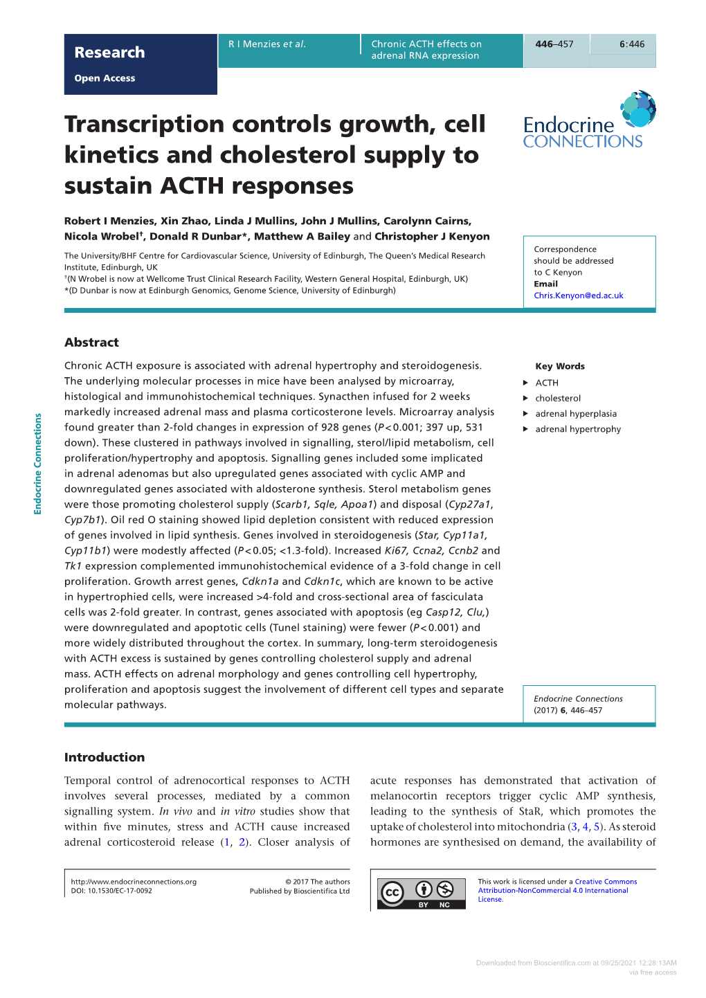 Transcription Controls Growth, Cell Kinetics and Cholesterol Supply to Sustain ACTH Responses