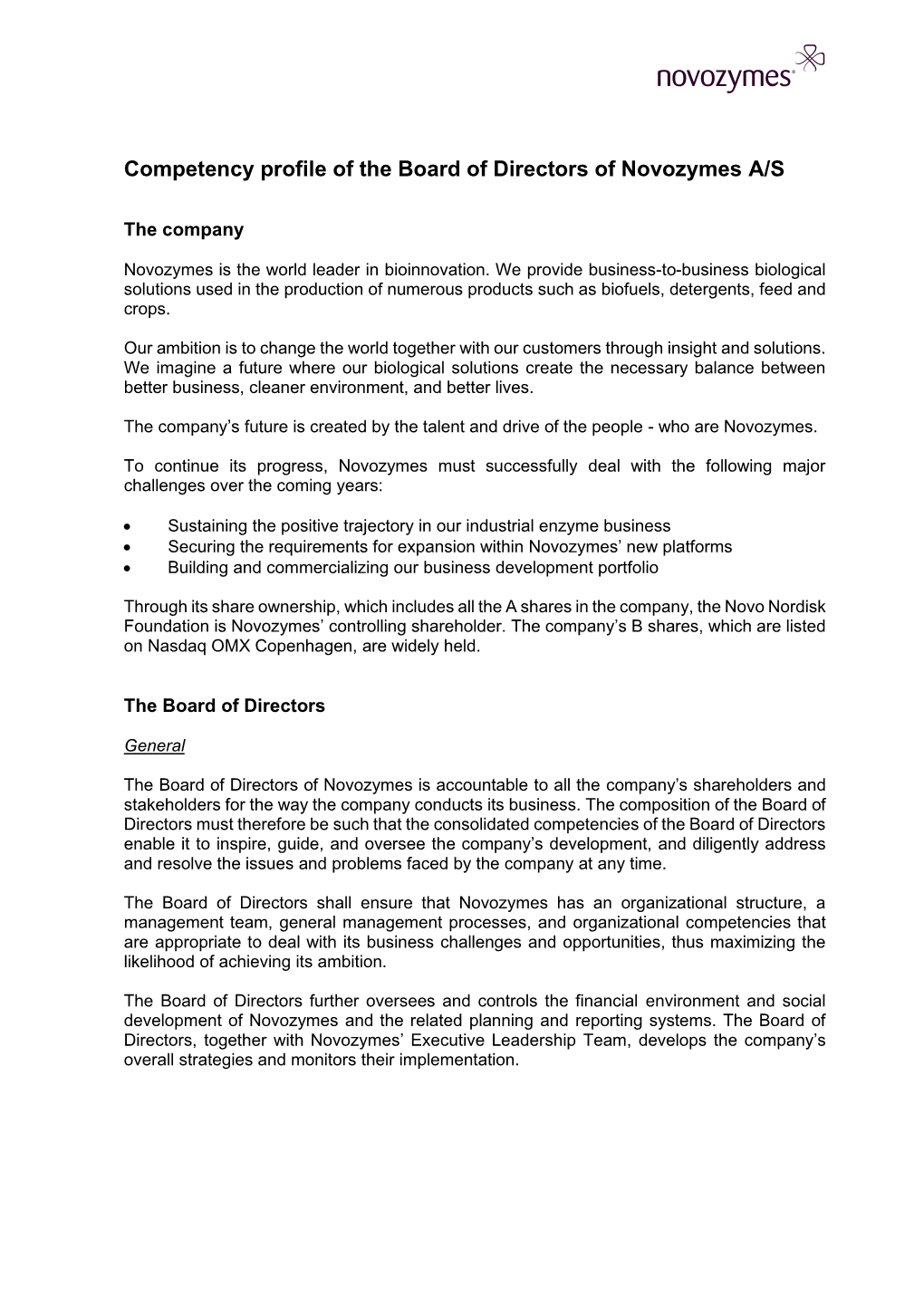 Competency Profile of the Board of Directors of Novozymes A/S