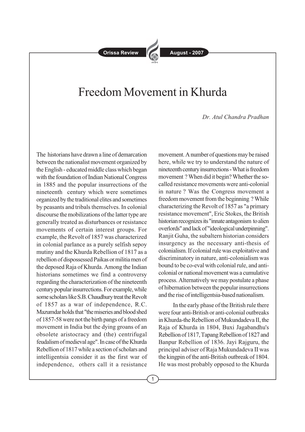 Freedom Movement in Khurda