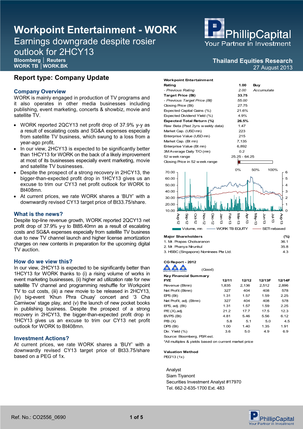 Workpoint Entertainment - WORK Earnings Downgrade Despite Rosier Outlook for 2HCY13 Bloomberg │ Reuters Thailand Equities Research WORK TB │WORK.BK 27 August 2013