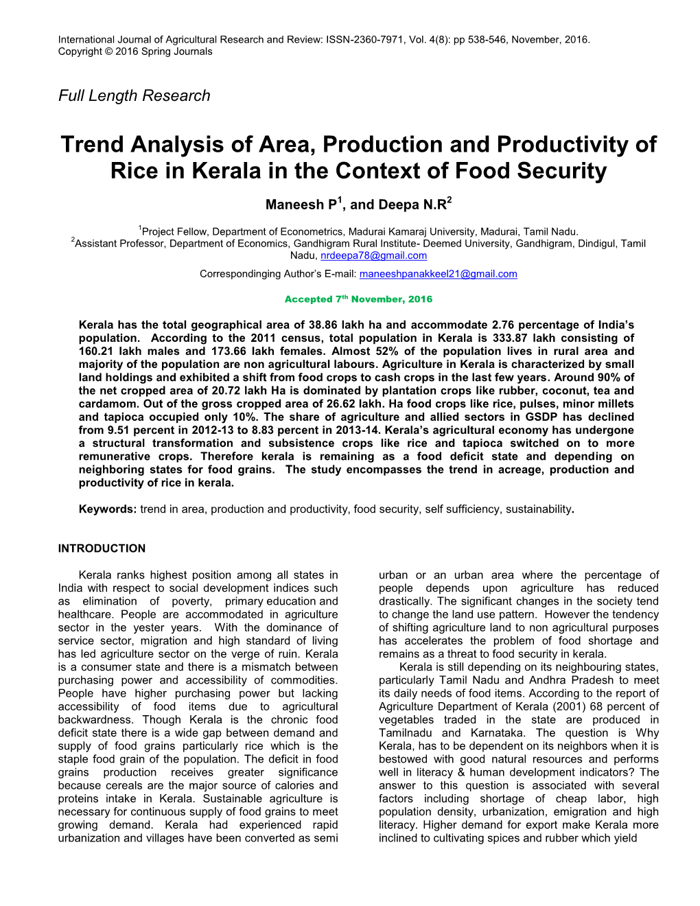 Trend Analysis of Area, Production and Productivity of Rice in Kerala in the Context of Food Security